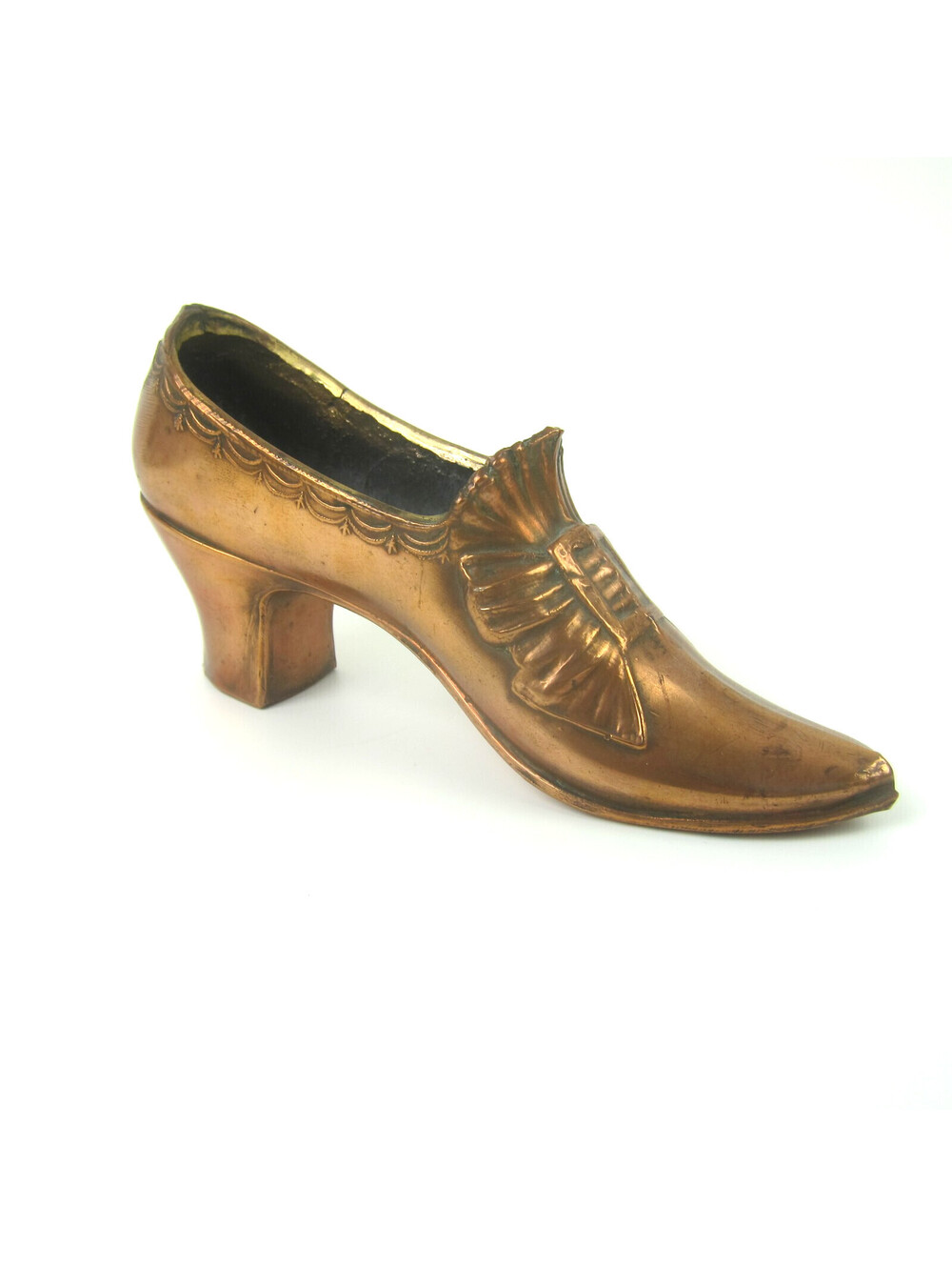 Antique Metal Shoe Pin Cushion 5.9" Victorian Era Copper Color Finish Bow USA